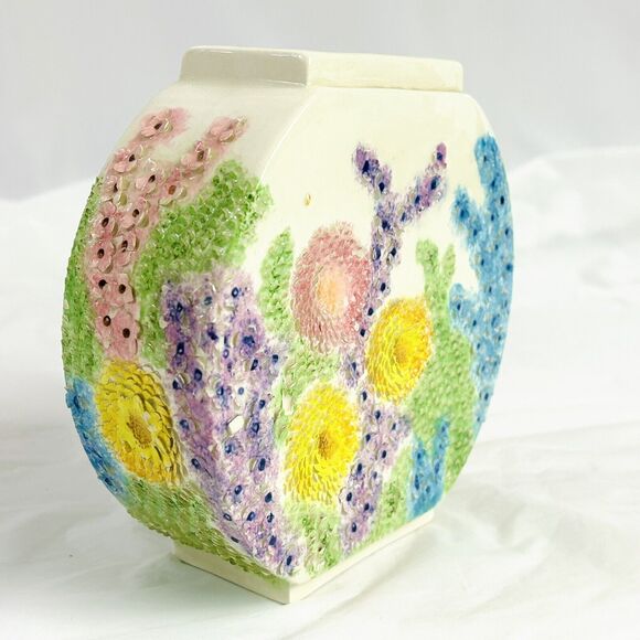 Vintage 1981 Handmade Studio Pottery Round Flat Vase Bottle 6” Textured Floral - Picture 3 of 5